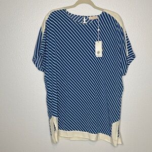 NWT Tory Burch Silk Blue White Striped Sheer Short Sleeve Blouse M $295 MSRP